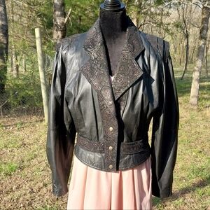 Elegant Black Leather Jacket with Paisley Details